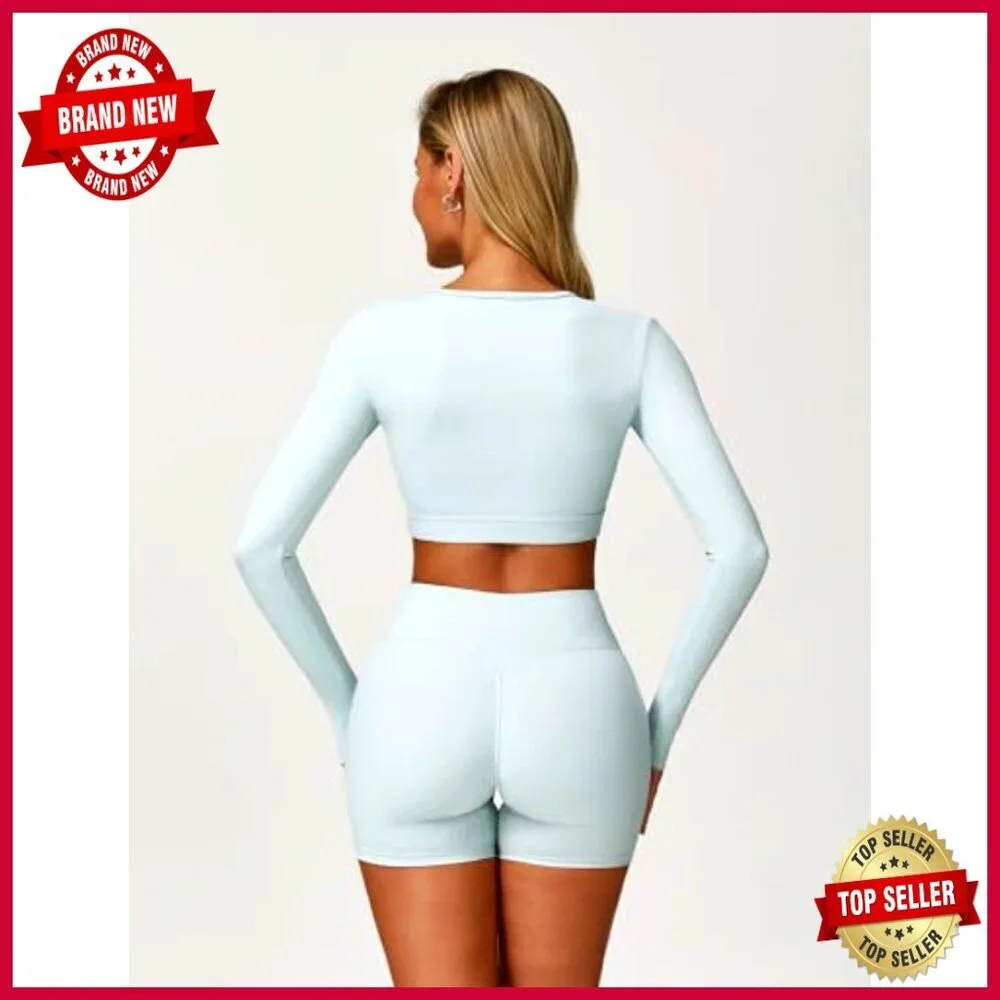 High Waisted Pleated A-Line Skirt Long Sleeve Cutout Crop Top Workout Set - Picture 2 of 5